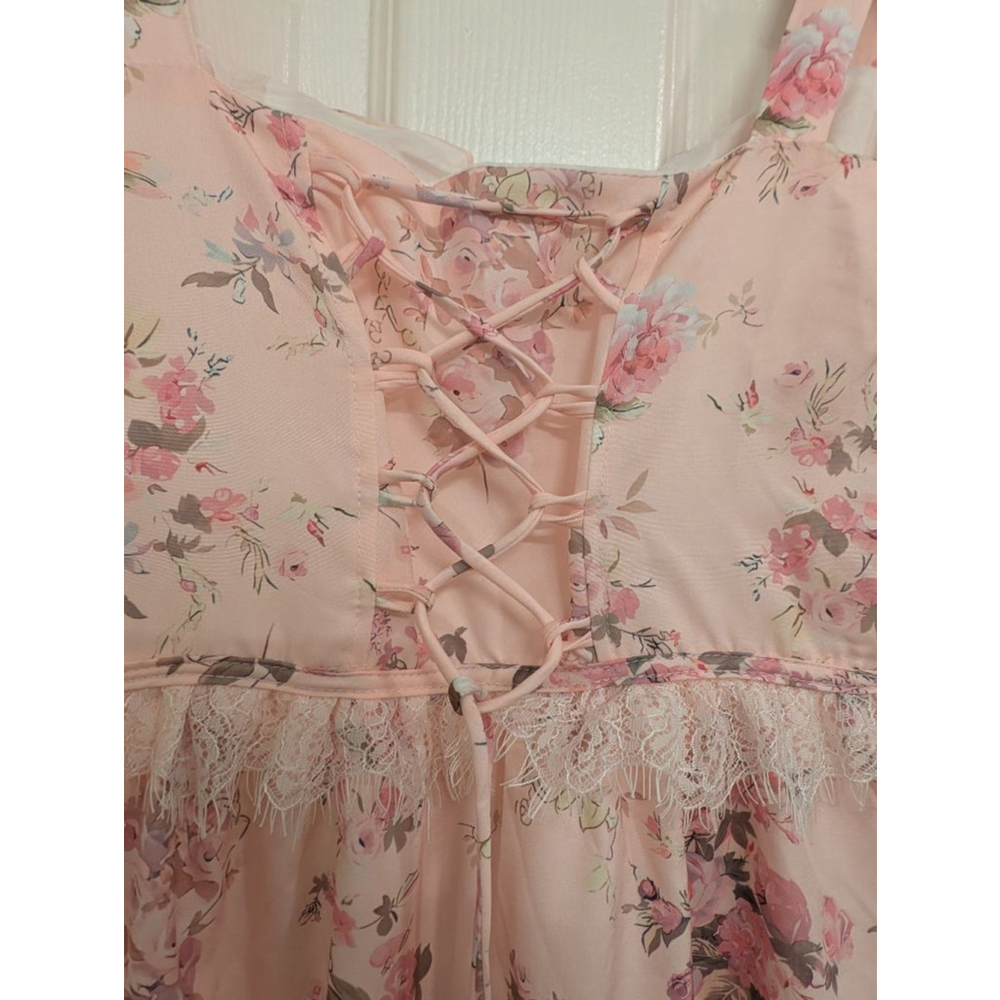 Women's Pink Floral Maxi Dress shoulder tie lace trim new preppy dainty flowy XS - Picture 5 of 9